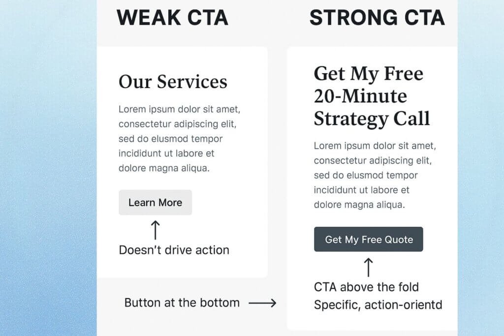 "Side-by-side comparison of a weak CTA with generic text and poor placement versus a strong CTA with benefit-driven text placed above the fold."
