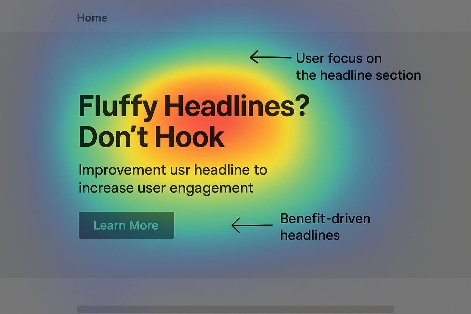 Heatmap showing user attention focused on the headline area of a webpage, with annotations emphasizing headline importance and benefit-driven messaging."