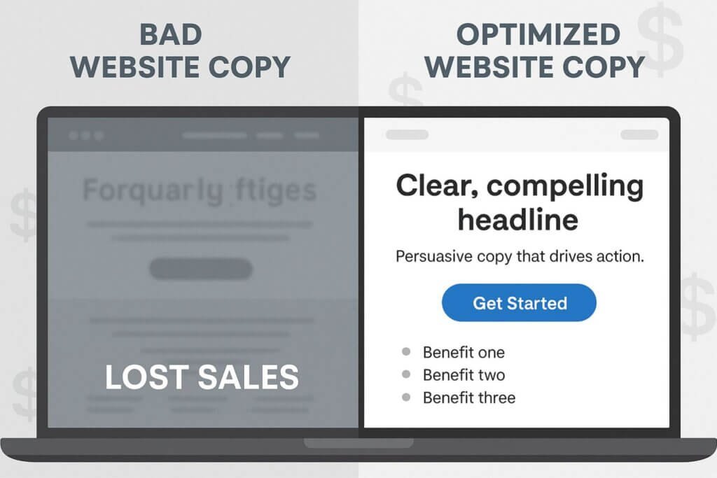 "Comparison of bad versus optimized website copy — left side shows unclear, jargon-filled text labeled 'Lost Sales', right side shows clear, compelling headline with benefits and a call-to-action button labeled 'Get Started'."