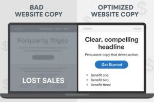 "Comparison of bad versus optimized website copy — left side shows unclear, jargon-filled text labeled 'Lost Sales', right side shows clear, compelling headline with benefits and a call-to-action button labeled 'Get Started'."