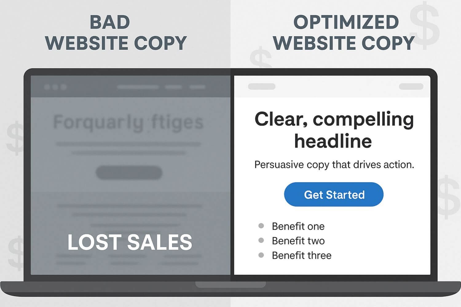"Comparison of bad versus optimized website copy — left side shows unclear, jargon-filled text labeled 'Lost Sales', right side shows clear, compelling headline with benefits and a call-to-action button labeled 'Get Started'."