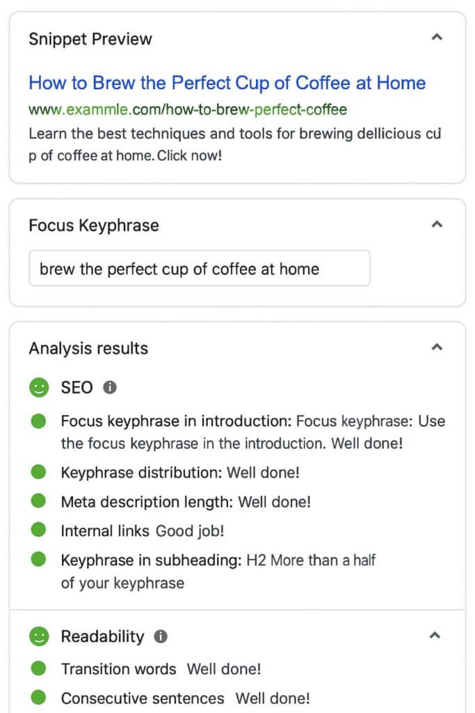 Yoast SEO plugin interface showing a snippet preview, focus keyphrase, and positive SEO and readability analysis scores."