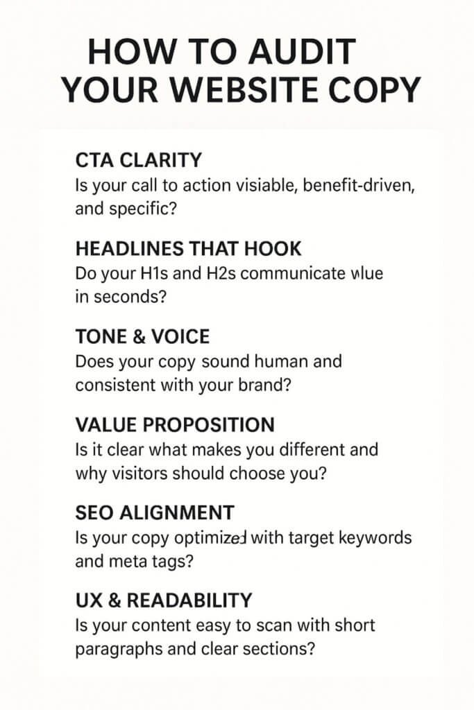 Checklist infographic titled 'How to Audit Your Website Copy' with six evaluation points: CTA clarity, headlines, tone, value proposition, SEO alignment, and readability."