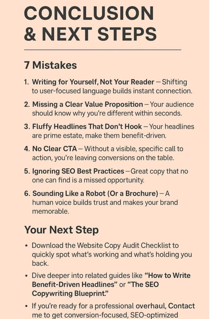 Digital infographic titled 'Conclusion & Next Steps' summarizing 7 common website copy mistakes and listing actionable steps for improving conversions."