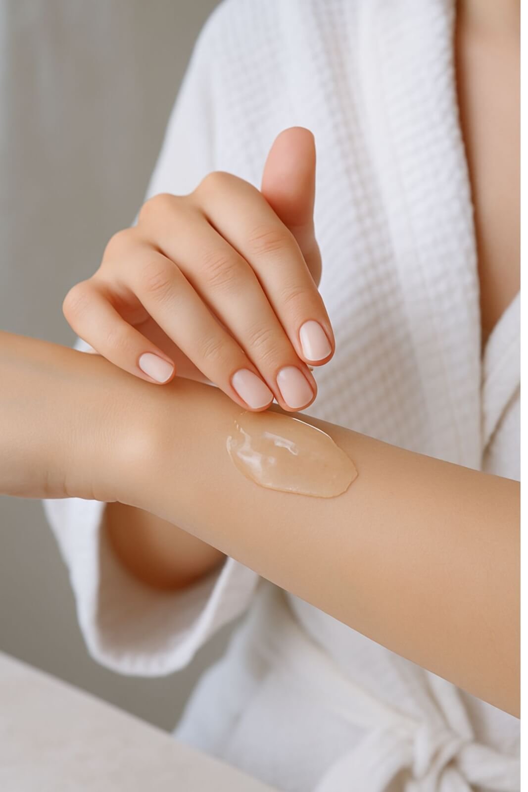 Close-up of a woman’s hand applying clear aloe vera gel to her forearm, with soft natural light and a white bathrobe creating a spa-like, calming atmosphere.