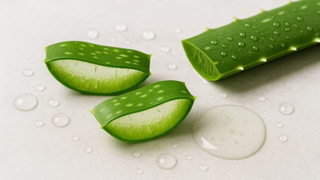 High-resolution photograph showcasing fresh aloe vera leaf slices with glossy gel interiors, surrounded by water droplets on a light stone surface for a fresh, natural look.