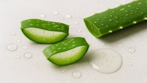 High-resolution photograph showcasing fresh aloe vera leaf slices with glossy gel interiors, surrounded by water droplets on a light stone surface for a fresh, natural look.