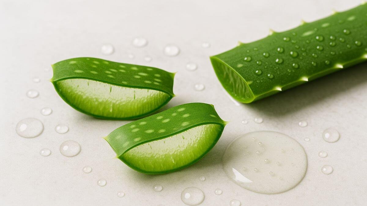 High-resolution photograph showcasing fresh aloe vera leaf slices with glossy gel interiors, surrounded by water droplets on a light stone surface for a fresh, natural look.