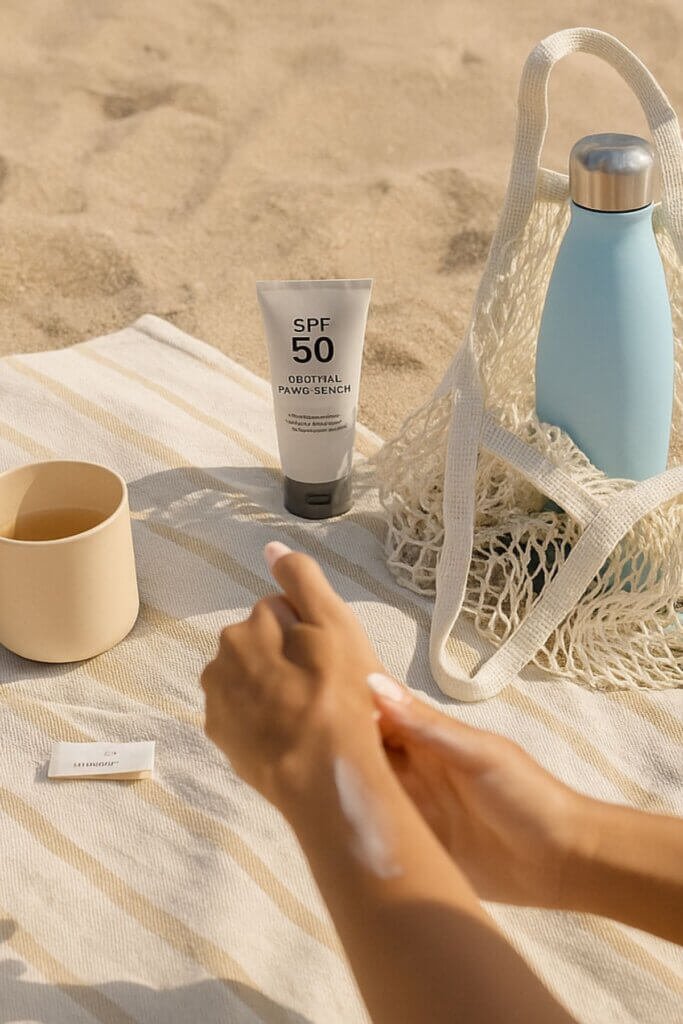 Sunlit beach scene with striped towel, SPF 50 sunscreen, mesh tote bag holding a light-blue water bottle, beige coffee mug, and a woman’s hands applying sunscreen in the foreground.
