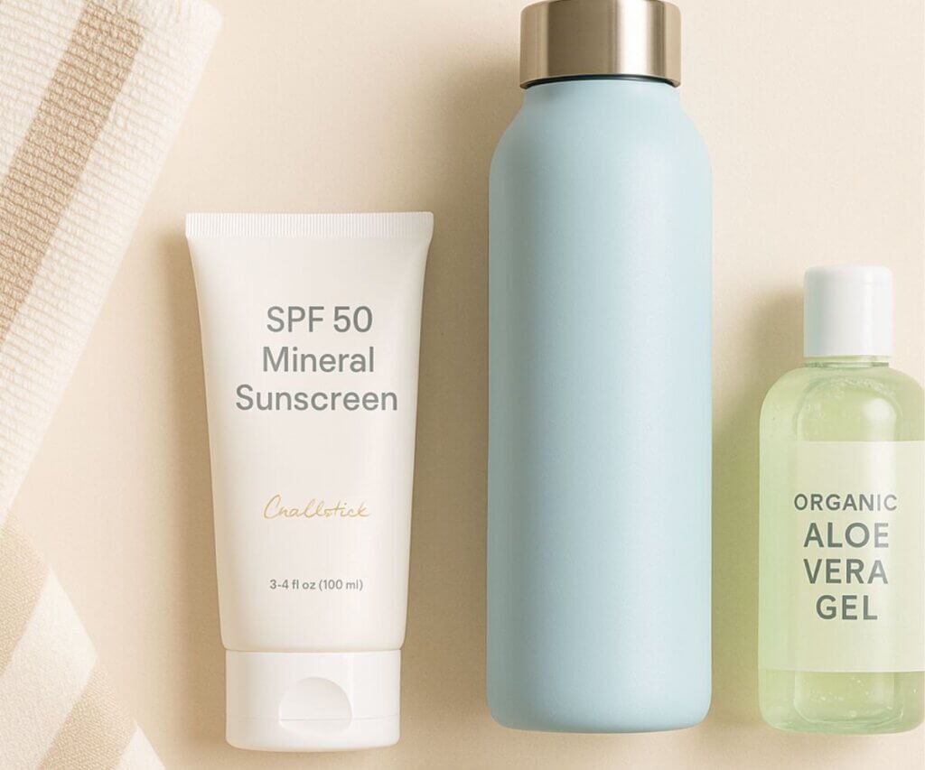 Four summer essentials arranged on a soft beige background: SPF 50 mineral sunscreen, pastel blue insulated water bottle, organic aloe vera gel, and a striped bamboo beach towel with a ceramic coffee mug.