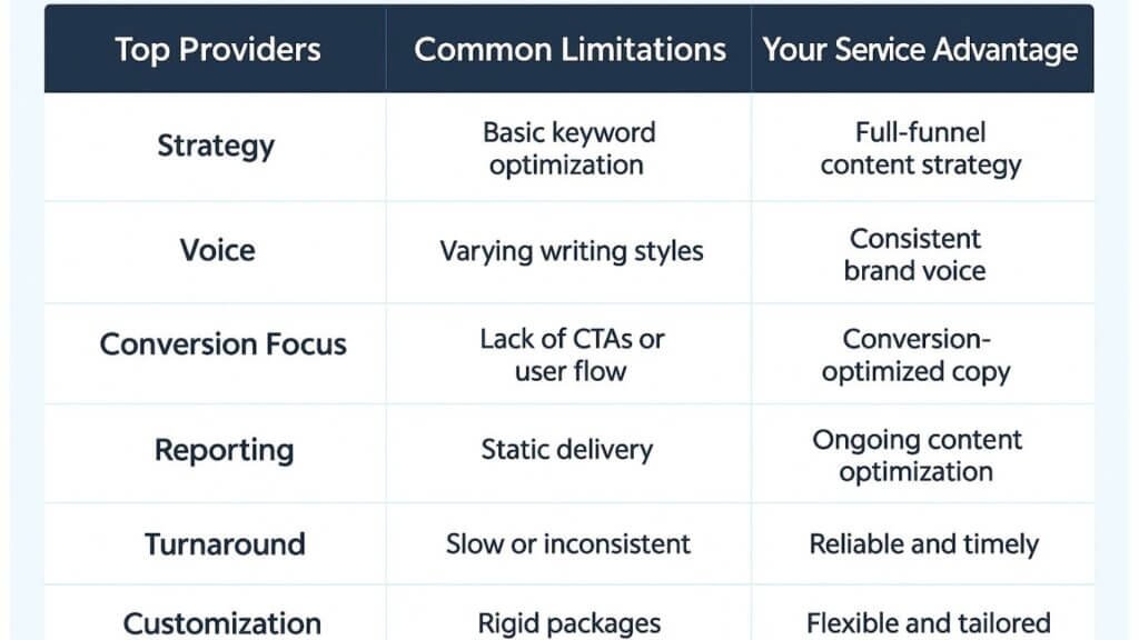 “Comparison table showing differences between top SEO blog providers and your service advantages.”