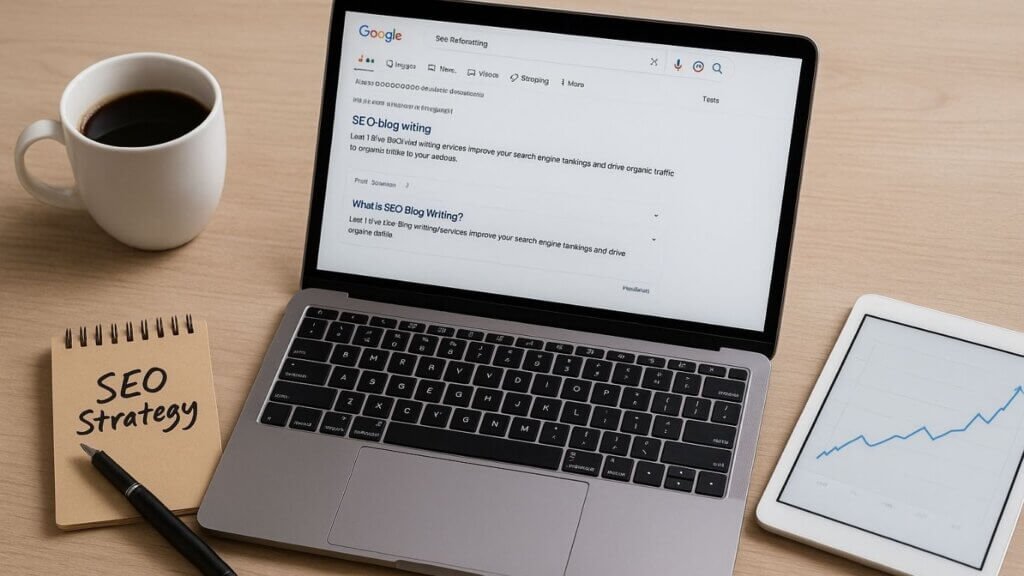 SEO blog writing workspace witha laptop showing Google search results, a notepad labeled "SEO Strategy," and a tablet displaying analytics growth. Why S