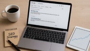 SEO blog writing workspace witha laptop showing Google search results, a notepad labeled "SEO Strategy," and a tablet displaying analytics growth. Why S