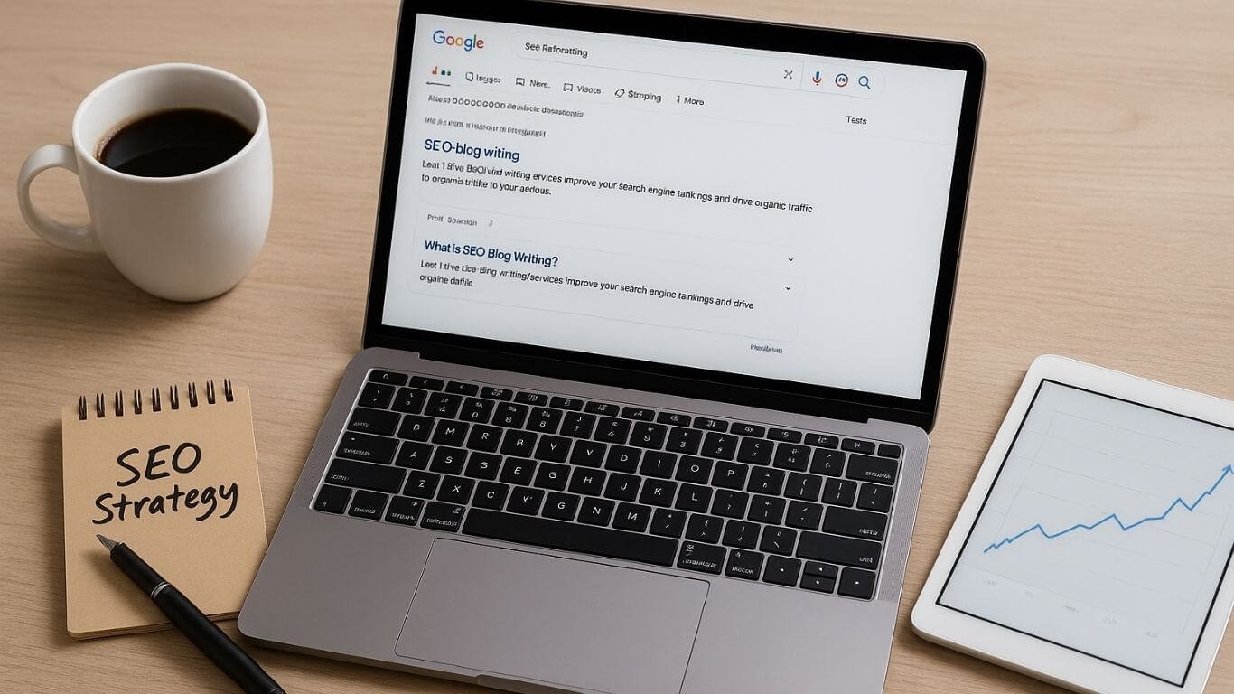 SEO blog writing workspace witha laptop showing Google search results, a notepad labeled "SEO Strategy," and a tablet displaying analytics growth. Why S