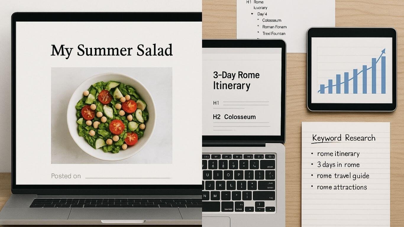 Side-by-side comparison of a casual personal blog and an SEO-optimized blog with keyword research and analytics.