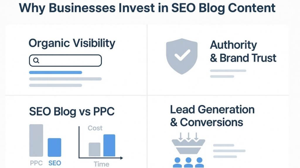 Infographic showing organic search visibility, brand trust, SEO vs PPC cost efficiency, and lead generation funnel benefits.
