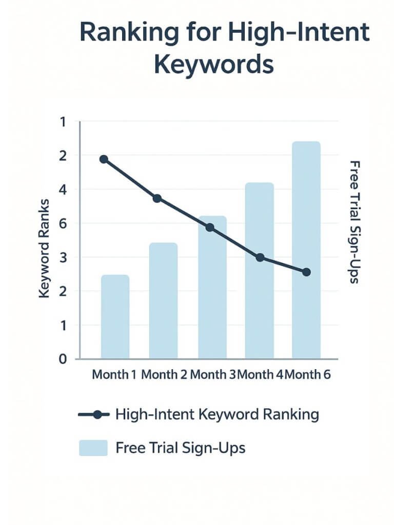 Line and bar chart showing a SaaS company’s keyword rankings improving while free trial sign-ups increase over six months