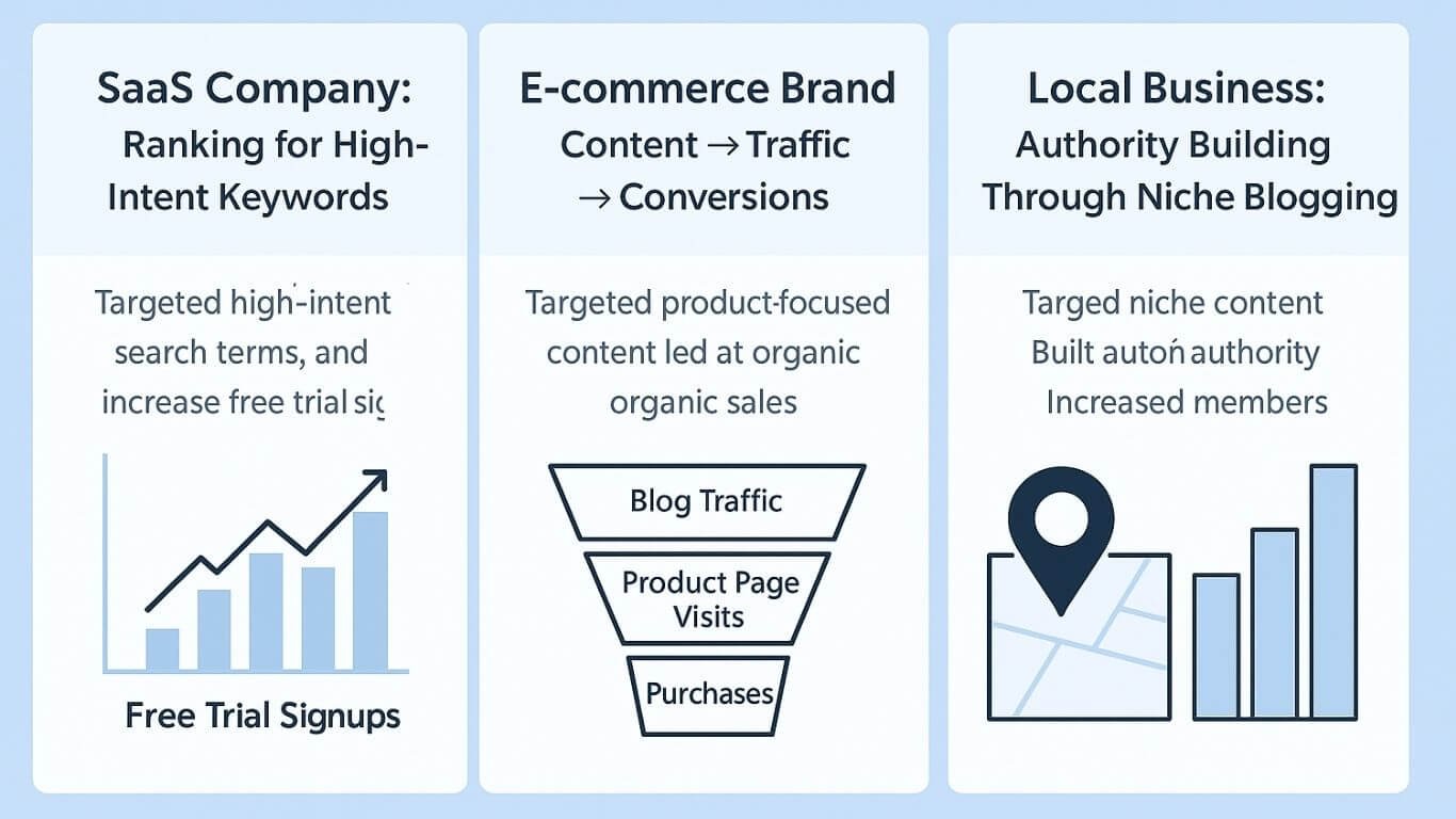 Infographic summarizing three SEO blog writing case studies — SaaS company ranking for high-intent keywords, e-commerce brand driving conversions, and local business building authority — with soft blue design elements.