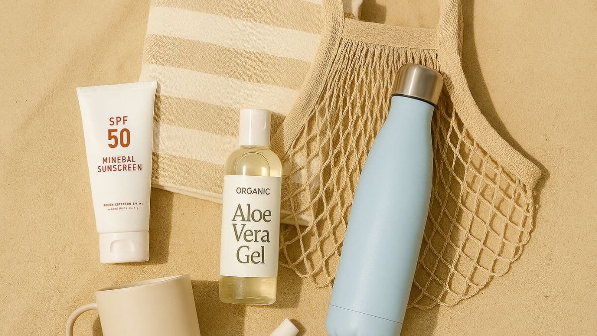 Summer Essentials Kit arranged on sunlit sand, featuring SPF 50 mineral sunscreen, a bamboo beach towel, insulated light-blue water bottle, organic aloe vera gel, mesh tote bag, beige coffee mug, and SPF lip balm.