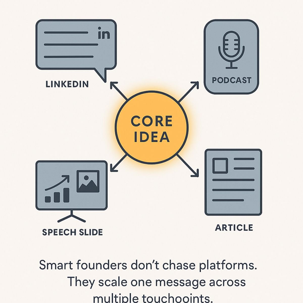 A visual metaphor showing a founder’s core idea powering various content formats, illustrating message-driven strategy.