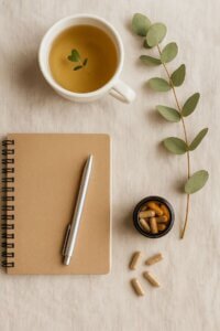 Flat lay of herbal tea, eucalyptus leaves, supplements, and a notebook with a pen – calming wellness theme