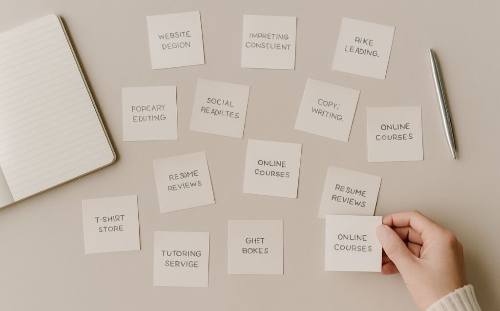 A minimal desk with a notebook, pencil, and laptop open on a soft beige surface, representing the process of sorting through multiple ideas to choose one clear direction.
