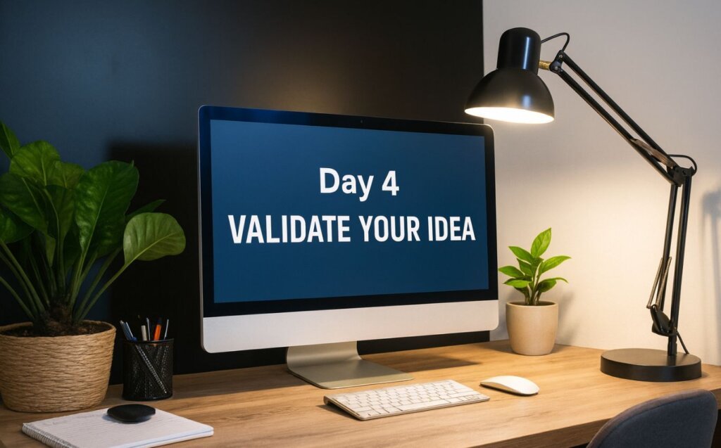A minimalist home office setup featuring an iMac, desk lamp, indoor plants, and a clean wooden workspace, symbolizing organized thought and simple idea validation.