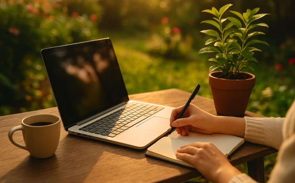 Two natural-looking hands write in a notebook beside a laptop, coffee mug, and potted plant on an outdoor wooden table in warm sunset lighting.