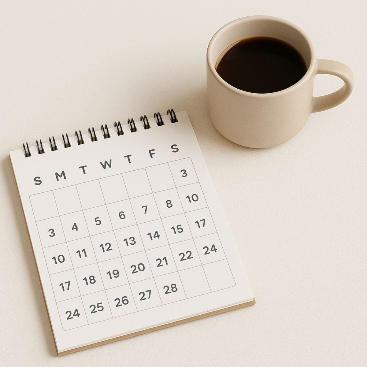 Flat lay of a workspace with a silver laptop showing a marketing analytics dashboard, a notepad with a black pen, a smartphone displaying social media icons, and a beige coffee mug on a light desk.